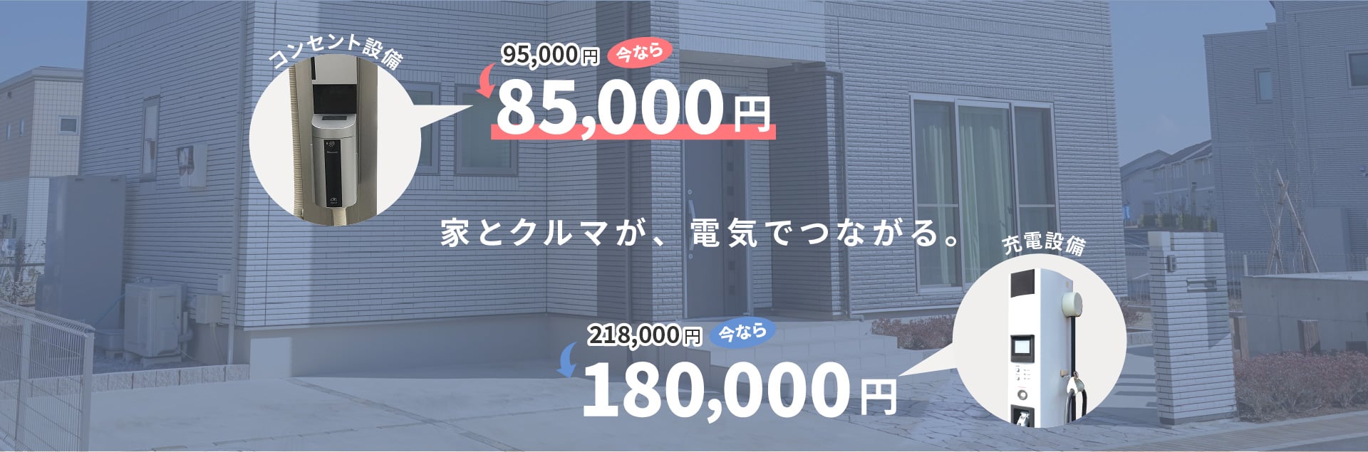 家とクルマが、電気でつながる。コンセント設備 95,000円 今なら85,000円。充電設備 218,000円 今なら180,000円